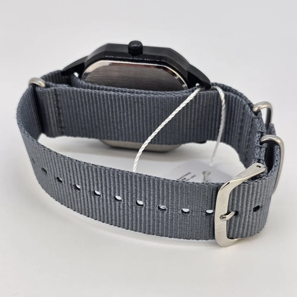 Men's 42MM Watch Black‎ Dial Date Indicator Gray Canvas Band New Battery